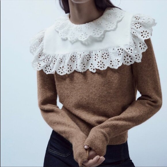 Zara Combination Wool Blend Sweater Brown Collared Lace Small - Picture 1 of 8